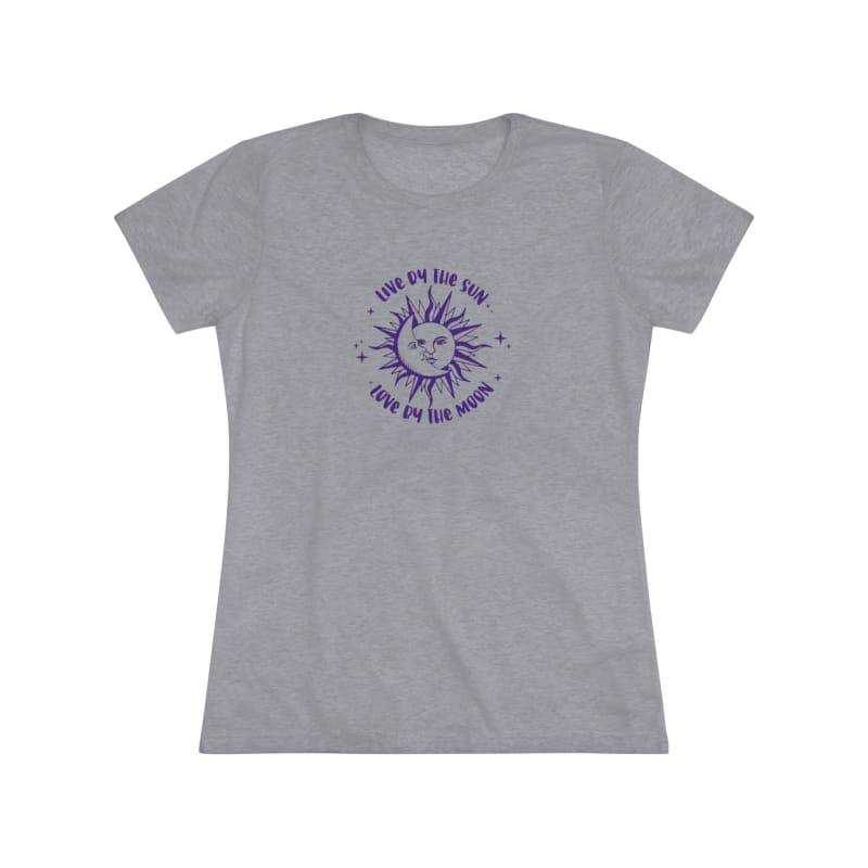 Grey t-shirt with a purple sun design and circular text.