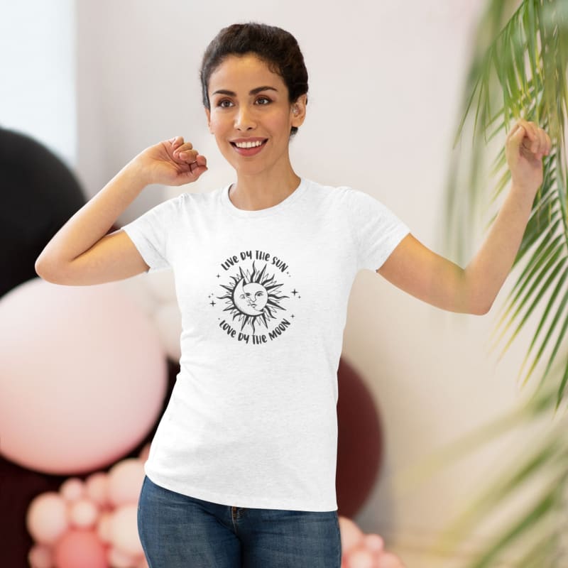 White t-shirt with a circular sun design and text graphic.