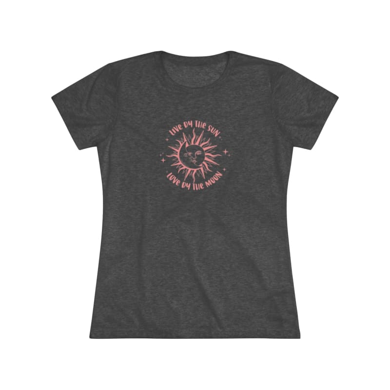 Dark gray t-shirt with a pink circular sun design and text.