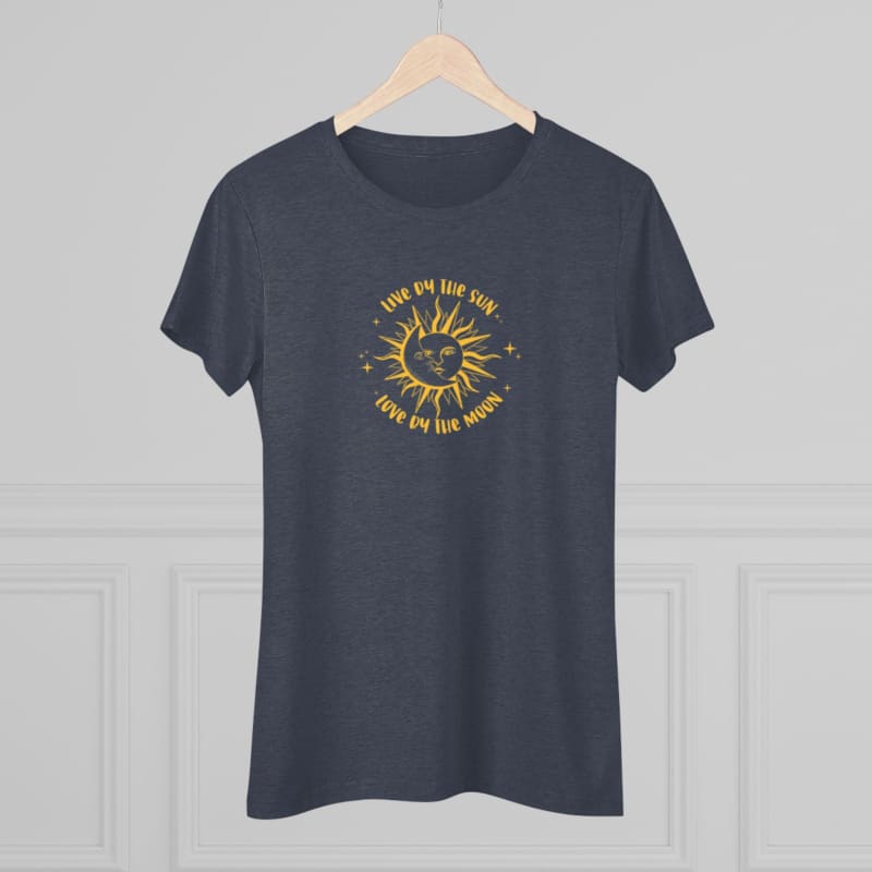 Dark gray t-shirt with a yellow sun design and circular text graphic on the front.