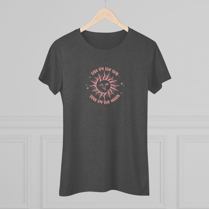 Dark gray t-shirt with a pink circular sun design and text.