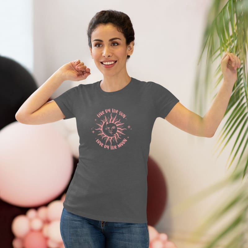 A dark grey t-shirt with pink circular text design on the front.