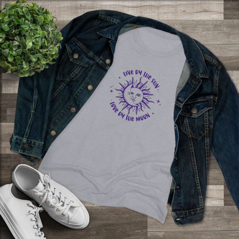 Gray t-shirt with a purple sun design and text that reads ’Live by the sun, love by the moon’