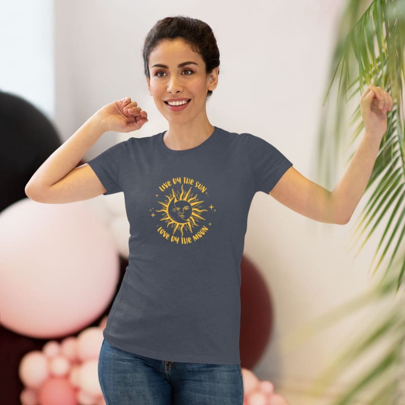 Gray t-shirt with a yellow sun design and circular text graphic.