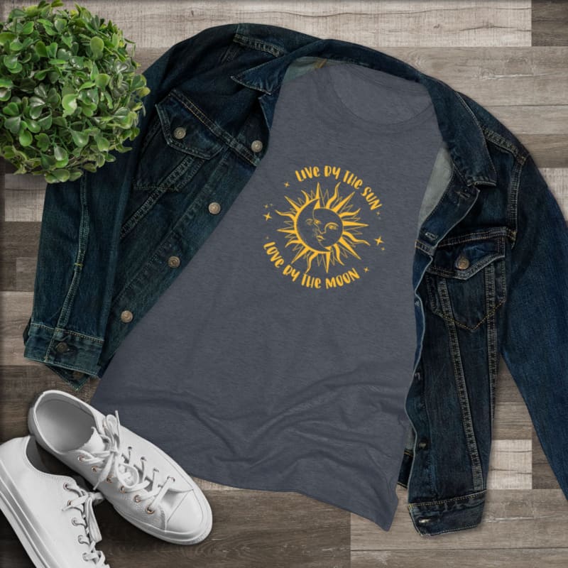 Gray t-shirt with a yellow sun design and text that reads ’Live by the sun, love by the moon’