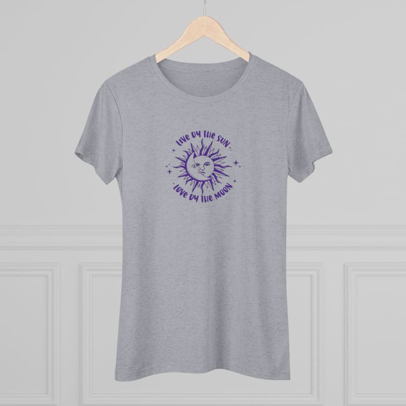 Light gray t-shirt with a purple sun design and circular text graphic.