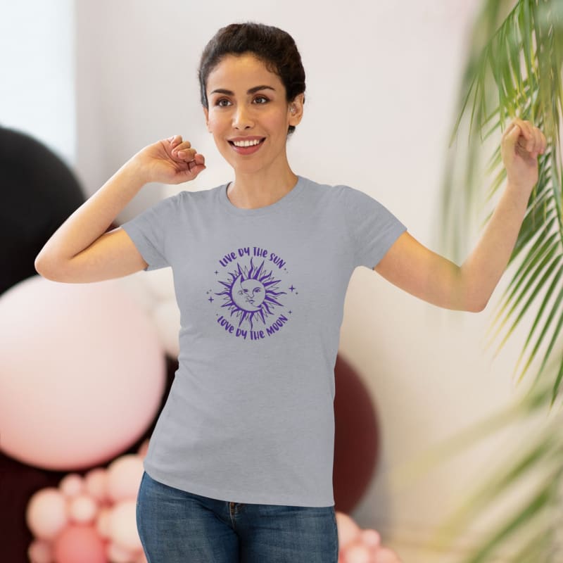 Light gray t-shirt with a purple circular sun design and text.