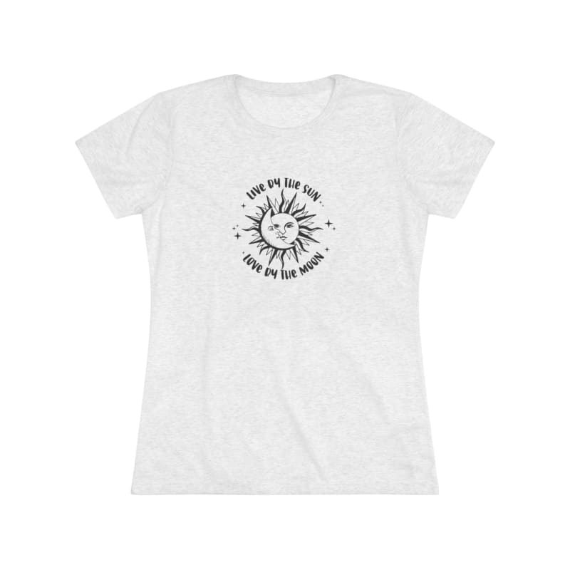 White t-shirt with a circular sun design and text around it.