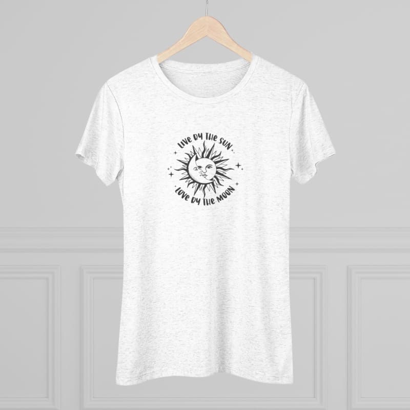 White t-shirt with a sun and moon design featuring circular text around it.